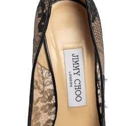 Pre Owned Jimmy Choo Black Lace And Leather Trim Embellished Lyzo Pointed Toe Pumps Size 37