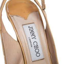 Jimmy Choo Beige Patent Leather Vita Peep Toe Platform Slingback Sandals Size 36.5