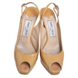Jimmy Choo Beige Patent Leather Vita Peep Toe Platform Slingback Sandals Size 36.5