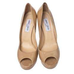 Pre Owned Jimmy Choo Beige Patent Leather Crown Peep Toe Platform Pumps Size 41.5 