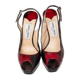 Jimmy Choo Red/Black Patent Leather Clue Peep Toe Slingback Sandals Size 36.5