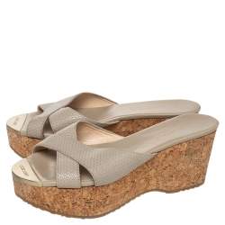 مملوكة مسبقًا Jimmy Choo Grey Leather Prima Cork Wedge Platform Slide Sandals Size 38