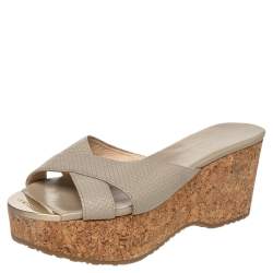 مملوكة مسبقًا Jimmy Choo Grey Leather Prima Cork Wedge Platform Slide Sandals Size 38