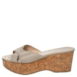 مملوكة مسبقًا Jimmy Choo Grey Leather Prima Cork Wedge Platform Slide Sandals Size 38