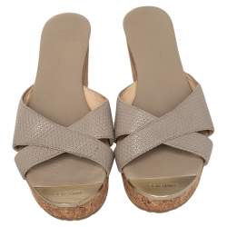 مملوكة مسبقًا Jimmy Choo Grey Leather Prima Cork Wedge Platform Slide Sandals Size 38