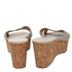 مملوكة مسبقًا Jimmy Choo Grey Leather Prima Cork Wedge Platform Slide Sandals Size 38