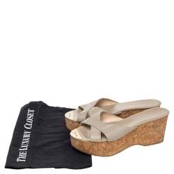 مملوكة مسبقًا Jimmy Choo Grey Leather Prima Cork Wedge Platform Slide Sandals Size 38