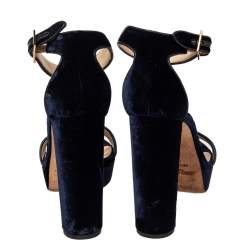 Pre Owned Jimmy Choo Navy Blue/Black Velvet And Leather Platform Ankle Strap Sandals Size 39