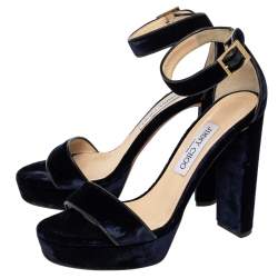 Pre Owned Jimmy Choo Navy Blue/Black Velvet And Leather Platform Ankle Strap Sandals Size 39