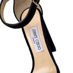 Pre Owned Jimmy Choo Navy Blue/Black Velvet And Leather Platform Ankle Strap Sandals Size 39