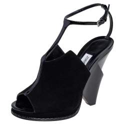 Pre Owned Jimmy Choo Black Suede and Patent Leather T Strap Peep Toe Sandals Size 37