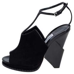 Pre Owned Jimmy Choo Black Suede and Patent Leather T Strap Peep Toe Sandals Size 37