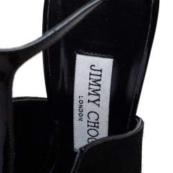 Pre Owned Jimmy Choo Black Suede and Patent Leather T Strap Peep Toe Sandals Size 37