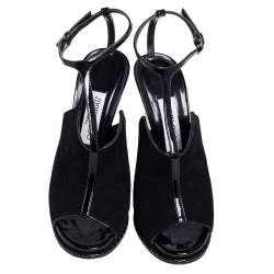 Pre Owned Jimmy Choo Black Suede and Patent Leather T Strap Peep Toe Sandals Size 37