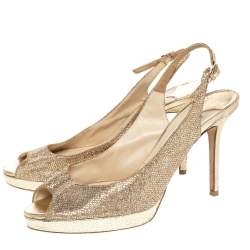 Jimmy Choo Gold Glitter And Lurex Fabric Nova Peep Toe Slingback Sandals Size 38.5