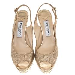 Jimmy Choo Gold Glitter And Lurex Fabric Nova Peep Toe Slingback Sandals Size 38.5