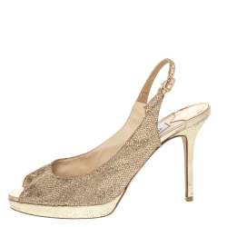 Jimmy Choo Gold Glitter And Lurex Fabric Nova Peep Toe Slingback Sandals Size 38.5