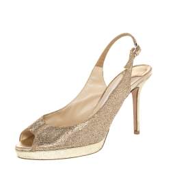 Jimmy Choo Gold Glitter And Lurex Fabric Nova Peep Toe Slingback Sandals Size 38.5