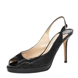Jimmy Choo Black Glitter And Lurex Fabric Nova Peep Toe Slingback Sandals Size 38