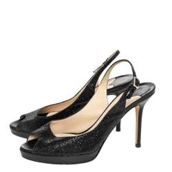 Jimmy Choo Black Glitter And Lurex Fabric Nova Peep Toe Slingback Sandals Size 38