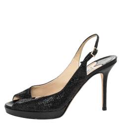 Jimmy Choo Black Glitter And Lurex Fabric Nova Peep Toe Slingback Sandals Size 38