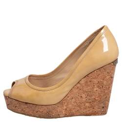 Pre Owned Jimmy Choo Beige Patent Papina Cork Wedge Pumps Size 37