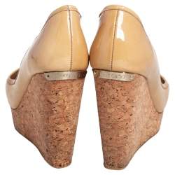 Pre Owned Jimmy Choo Beige Patent Papina Cork Wedge Pumps Size 37