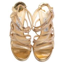 Pre Owned Jimmy Choo Gold Suede, Leather, and Lurex Dart Strappy Sandals Size 38