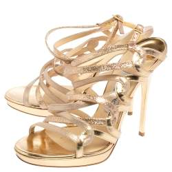 Pre Owned Jimmy Choo Gold Suede, Leather, and Lurex Dart Strappy Sandals Size 38