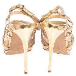 Pre Owned Jimmy Choo Gold Suede, Leather, and Lurex Dart Strappy Sandals Size 38