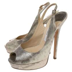 Jimmy Choo Metallic Gold Embossed Leather Vita Peep Toe Platform Slingback Sandals Size 38