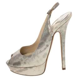 Jimmy Choo Metallic Gold Embossed Leather Vita Peep Toe Platform Slingback Sandals Size 38