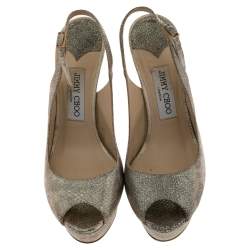 Jimmy Choo Metallic Gold Embossed Leather Vita Peep Toe Platform Slingback Sandals Size 38