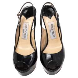Pre Owned Jimmy Choo Black Patent Leather Vita Platform Slingback Sandals Size 37