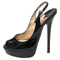Pre Owned Jimmy Choo Black Patent Leather Vita Platform Slingback Sandals Size 37