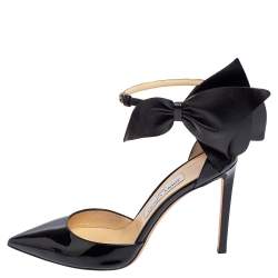 Pre Owned Jimmy Choo Black Patent Leather Kelley Bow Sandals Size 38.5