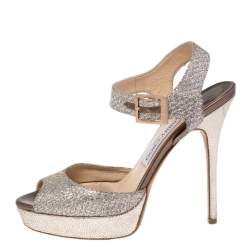 Pre Owned Jimmy Choo Silver Glitter Fabric And Metallic Leather Linda Ankle Strap Sandals Size 38