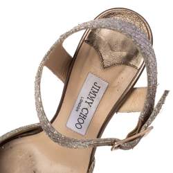 Pre Owned Jimmy Choo Silver Glitter Fabric And Metallic Leather Linda Ankle Strap Sandals Size 38
