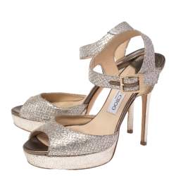 Pre Owned Jimmy Choo Silver Glitter Fabric And Metallic Leather Linda Ankle Strap Sandals Size 38