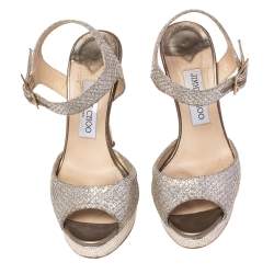 Pre Owned Jimmy Choo Silver Glitter Fabric And Metallic Leather Linda Ankle Strap Sandals Size 38