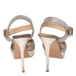 Pre Owned Jimmy Choo Silver Glitter Fabric And Metallic Leather Linda Ankle Strap Sandals Size 38