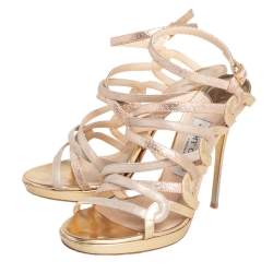 Pre Owned Jimmy Choo Gold Suede, Leather, and Glitter Dart Strappy Sandals Size 37