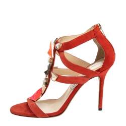 Pre Owned Jimmy Choo Orange Suede Agave Crystal Embellished T Strap Sandals Size 40