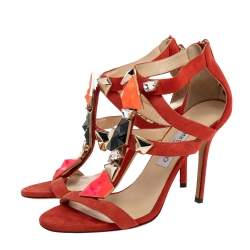 Pre Owned Jimmy Choo Orange Suede Agave Crystal Embellished T Strap Sandals Size 40