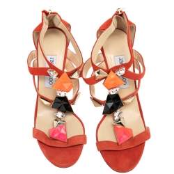 Pre Owned Jimmy Choo Orange Suede Agave Crystal Embellished T Strap Sandals Size 40