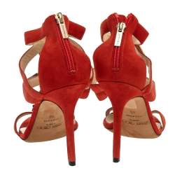 Pre Owned Jimmy Choo Orange Suede Agave Crystal Embellished T Strap Sandals Size 40