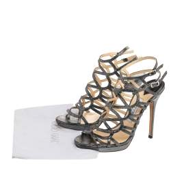 Pre Owned Jimmy Choo Metallic Black Leather Caged Gladiator Sandals Size 38.5