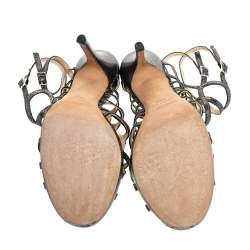 Pre Owned Jimmy Choo Metallic Black Leather Caged Gladiator Sandals Size 38.5