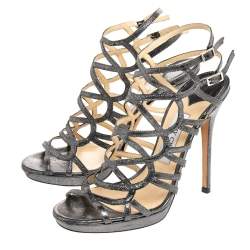 Pre Owned Jimmy Choo Metallic Black Leather Caged Gladiator Sandals Size 38.5