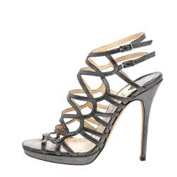 Pre Owned Jimmy Choo Metallic Black Leather Caged Gladiator Sandals Size 38.5
